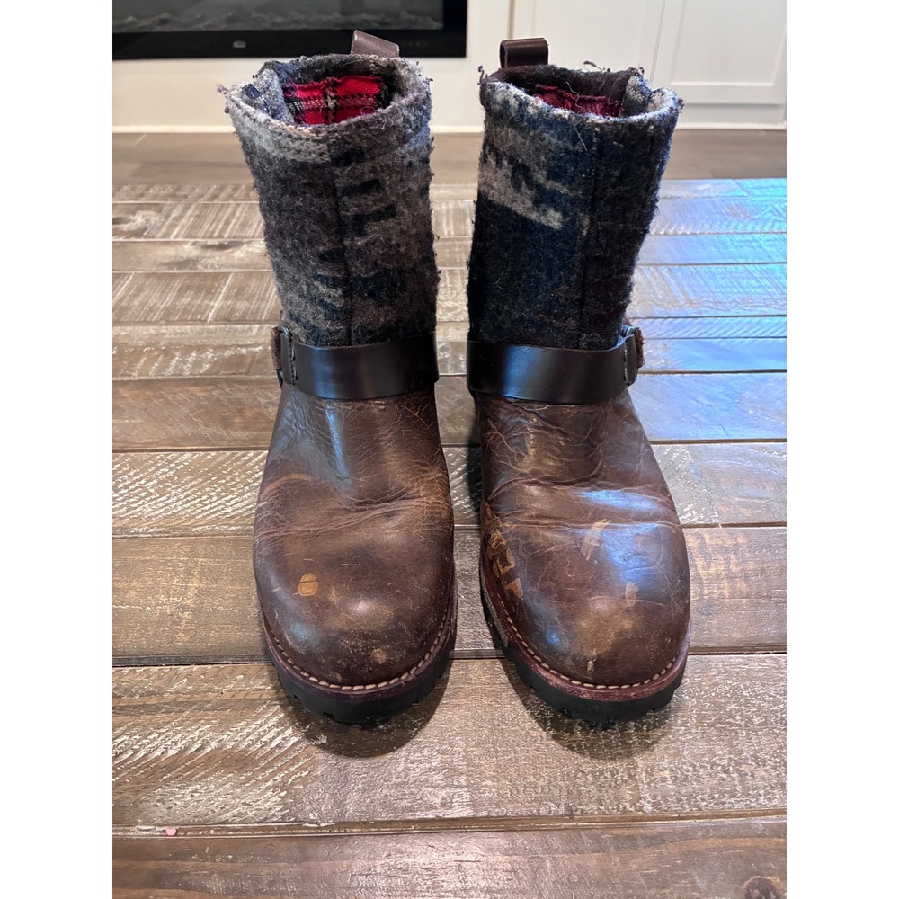 Woolrich Women's 9 Brown Leather Plaid Moto Boots, Cabincore: fireside footwear